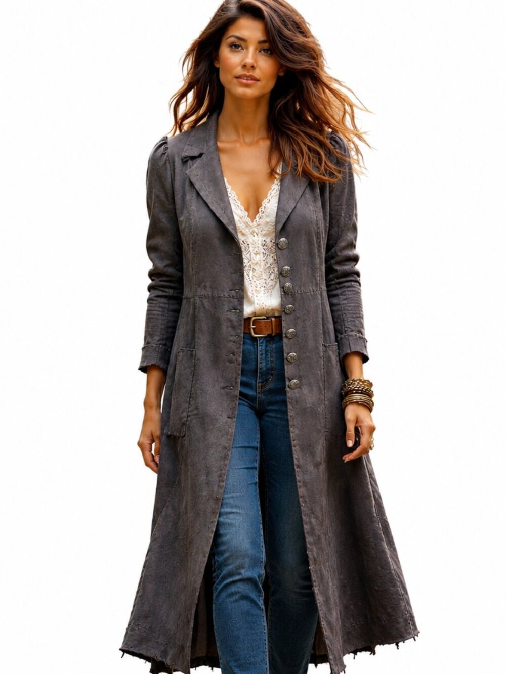 Elie Tahari suede, distressed long duster coat, dark brown